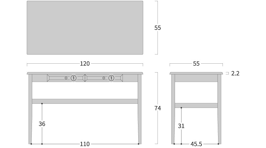 Hokkai Desk: Original dimension drawing; original design reference, not Gulmohar teak finish