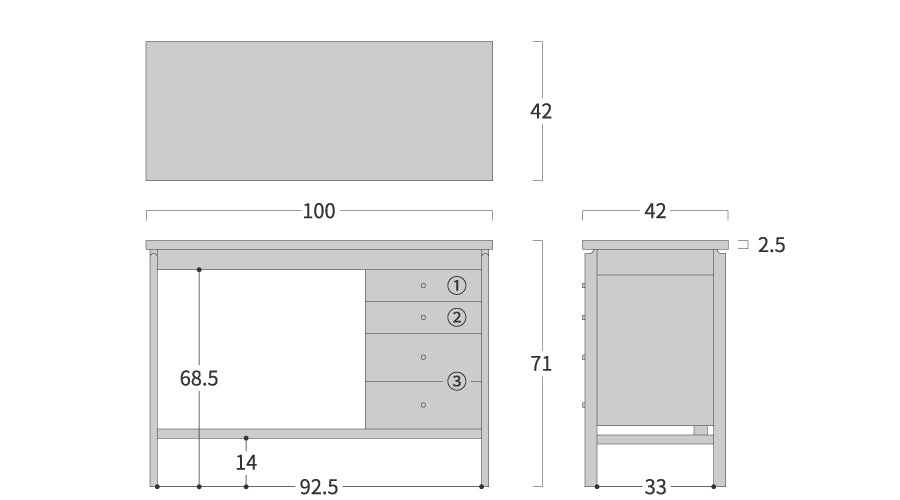 Noon Desk: Original dimension drawing; original design reference, not Gulmohar teak finish