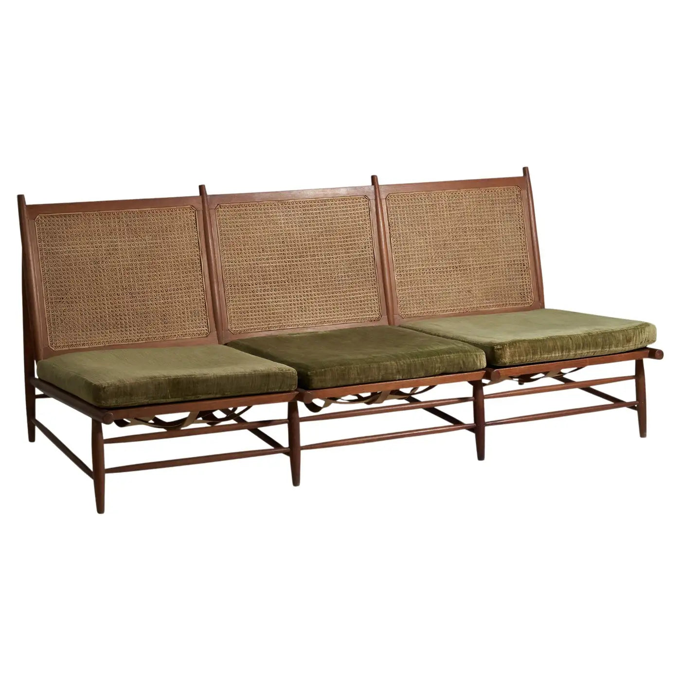Gajanan Upadhyay, 3 Seater Sofa, Rattan, Teak, Velvet, NID, India, c. 1964 - GULMOHAR WOOD WORKS - Made in Bangalore