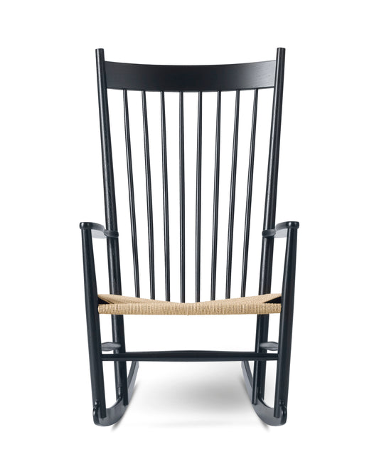 Wegner J16 Rocking Chair, reference view 1. Fredericia design photograph; Gulmohar wooden components made in teak.