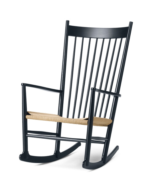 Wegner J16 Rocking Chair, reference view 2. Fredericia design photograph; Gulmohar wooden components made in teak.