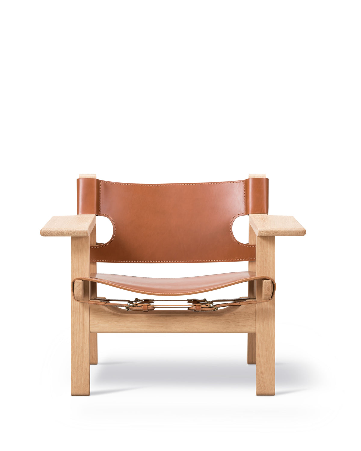 The Spanish Chair 2226, cognac leather, front view. Fredericia design reference; Gulmohar version made in teak.