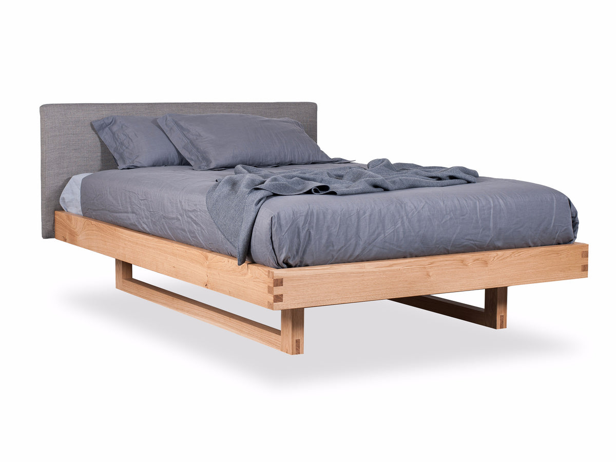 Bam Bam Baby style bed, view 1; design reference for a custom teak bed by Gulmohar Wood Works, Bangalore. Fabric shown is not final.
