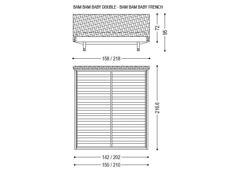 Bam Bam Baby style bed, view 2; design reference for a custom teak bed by Gulmohar Wood Works, Bangalore. Fabric shown is not final.