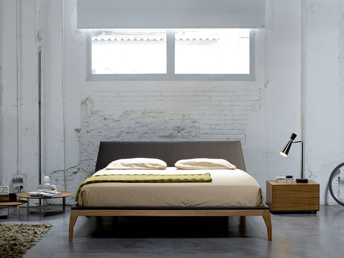 Bel style bed, view 2; design reference for a custom teak bed by Gulmohar Wood Works, Bangalore. Fabric shown is not final.
