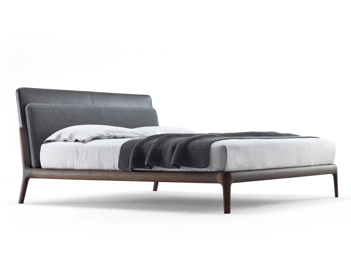 Bowery style bed, view 1; design reference for a custom teak bed by Gulmohar Wood Works, Bangalore. Fabric shown is not final.