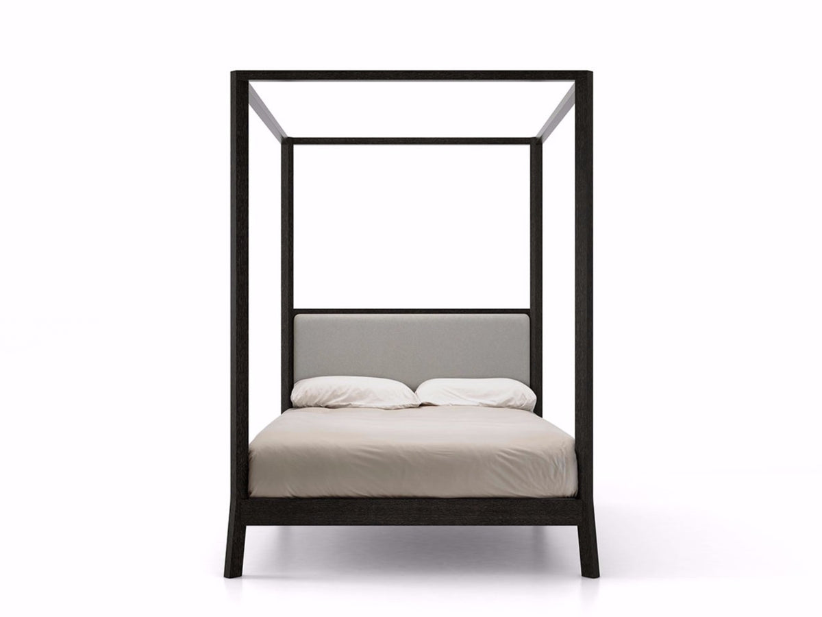 Breda Canopy style bed, view 1; design reference for a custom teak bed by Gulmohar Wood Works, Bangalore. Fabric shown is not final.