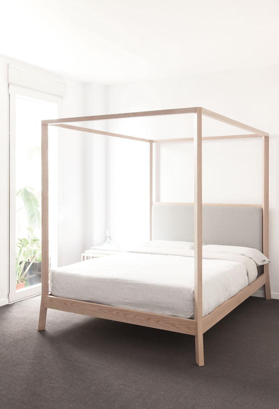 Breda Canopy style bed, view 2; design reference for a custom teak bed by Gulmohar Wood Works, Bangalore. Fabric shown is not final.