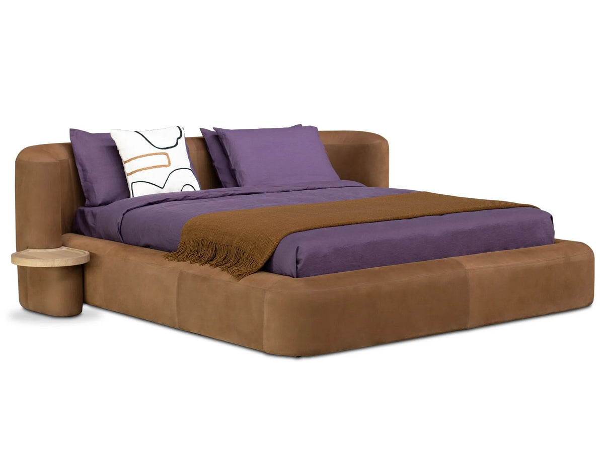 Clara style bed, view 1; design reference for a custom teak bed by Gulmohar Wood Works, Bangalore. Fabric shown is not final.