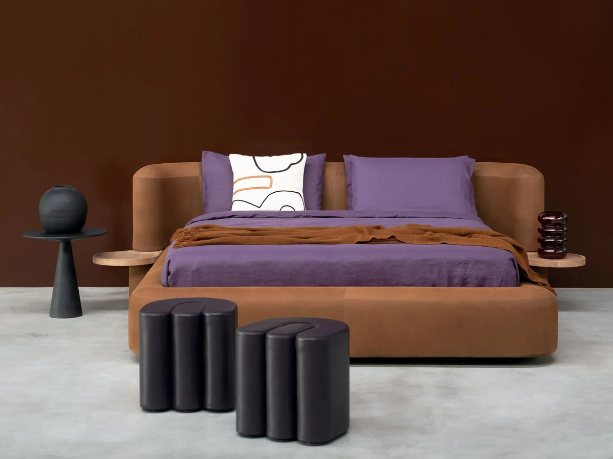 Clara style bed, view 2; design reference for a custom teak bed by Gulmohar Wood Works, Bangalore. Fabric shown is not final.