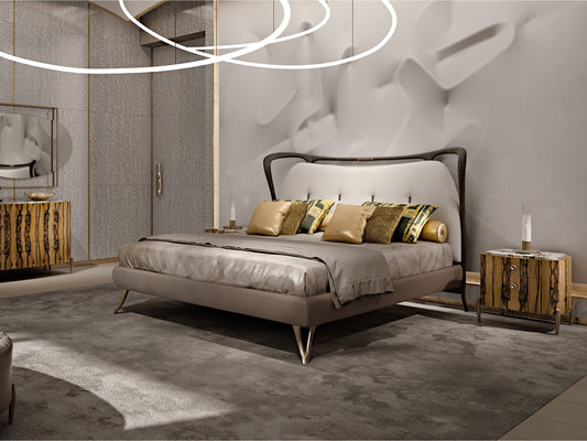Crono style bed, view 1; design reference for a custom teak bed by Gulmohar Wood Works, Bangalore. Fabric shown is not final.