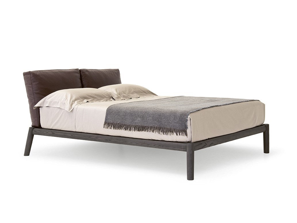 Dioniso style bed, view 1; design reference for a custom teak bed by Gulmohar Wood Works, Bangalore. Fabric shown is not final.