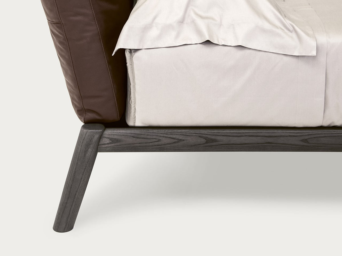 Dioniso style bed, view 2; design reference for a custom teak bed by Gulmohar Wood Works, Bangalore. Fabric shown is not final.