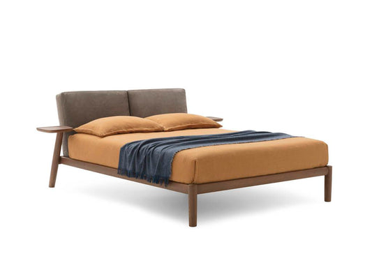 Dioniso with Bedside Tables style bed, view 1; design reference for a custom teak bed by Gulmohar Wood Works, Bangalore. Fabric shown is not final.
