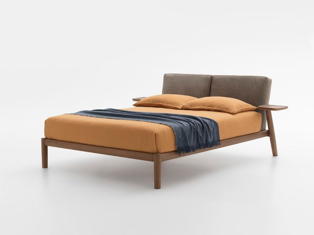 Dioniso with Bedside Tables style bed, view 2; design reference for a custom teak bed by Gulmohar Wood Works, Bangalore. Fabric shown is not final.