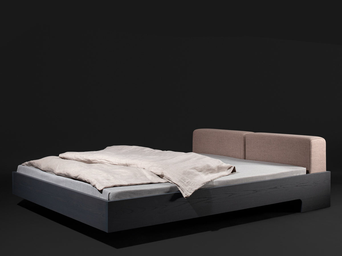 Doze style bed, view 1; design reference for a custom teak bed by Gulmohar Wood Works, Bangalore. Fabric shown is not final.