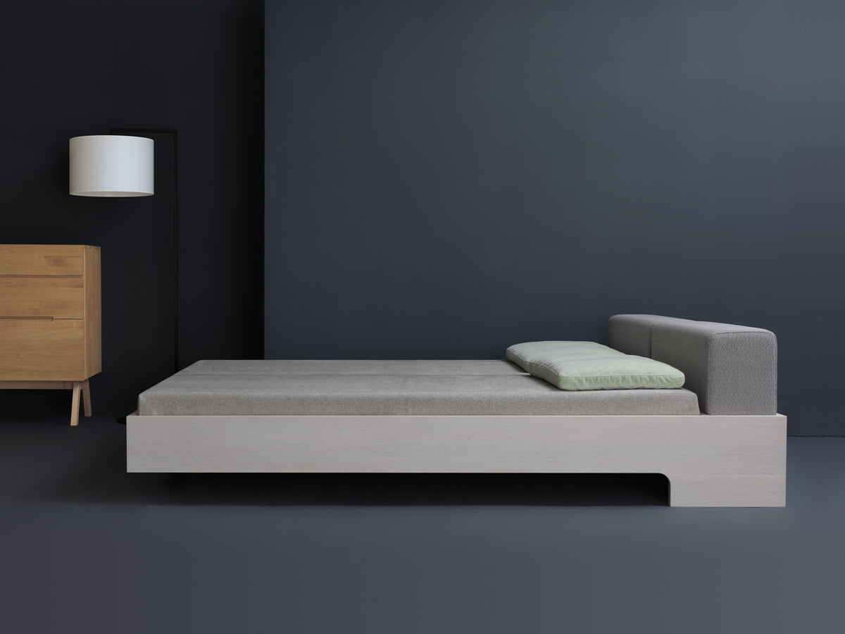 Doze style bed, view 2; design reference for a custom teak bed by Gulmohar Wood Works, Bangalore. Fabric shown is not final.