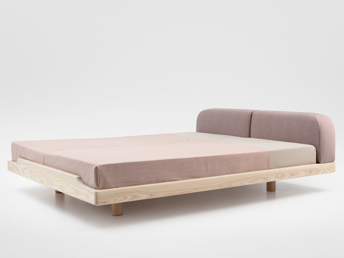 Eclair style bed, view 1; design reference for a custom teak bed by Gulmohar Wood Works, Bangalore. Fabric shown is not final.