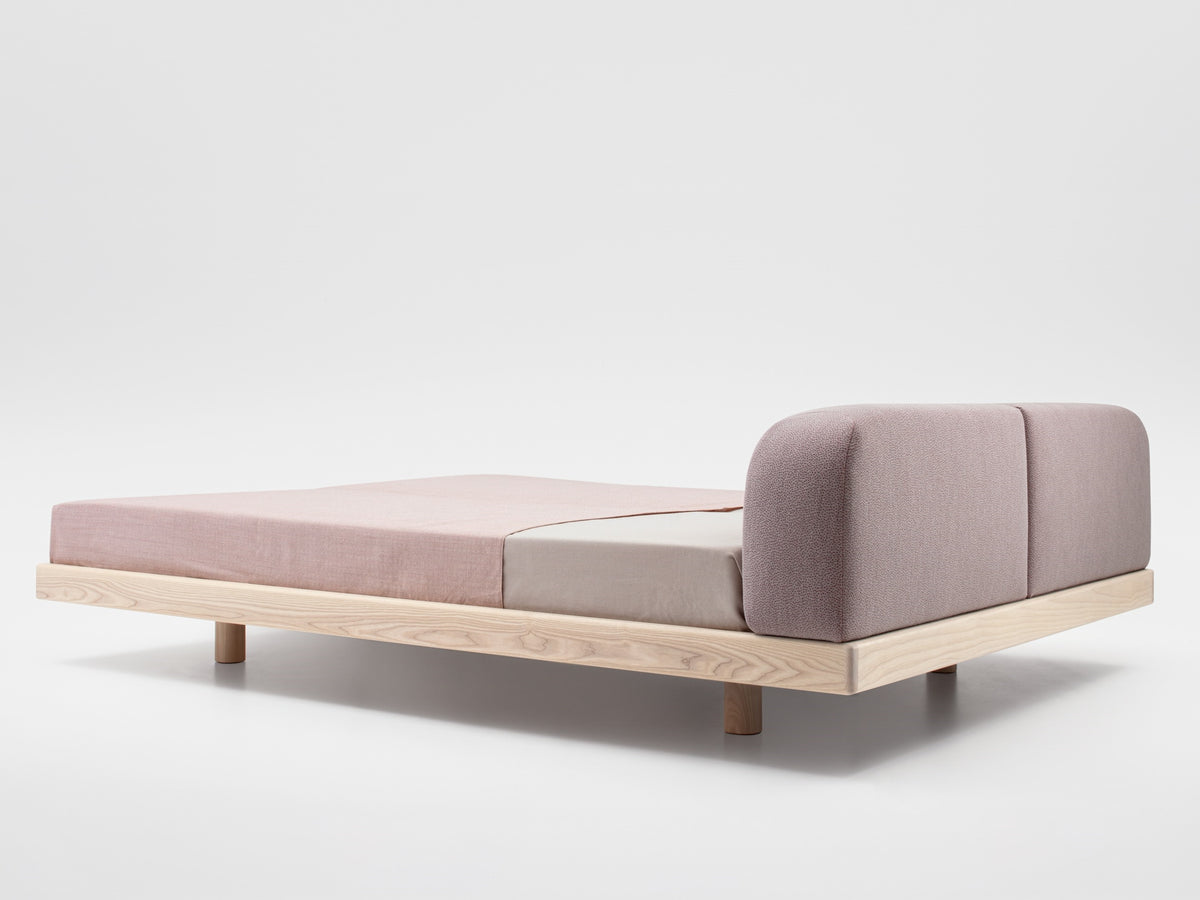 Eclair style bed, view 2; design reference for a custom teak bed by Gulmohar Wood Works, Bangalore. Fabric shown is not final.