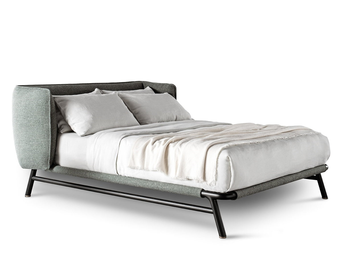 Edoardo Piping style bed, view 1; design reference for a custom teak bed by Gulmohar Wood Works, Bangalore. Fabric shown is not final.