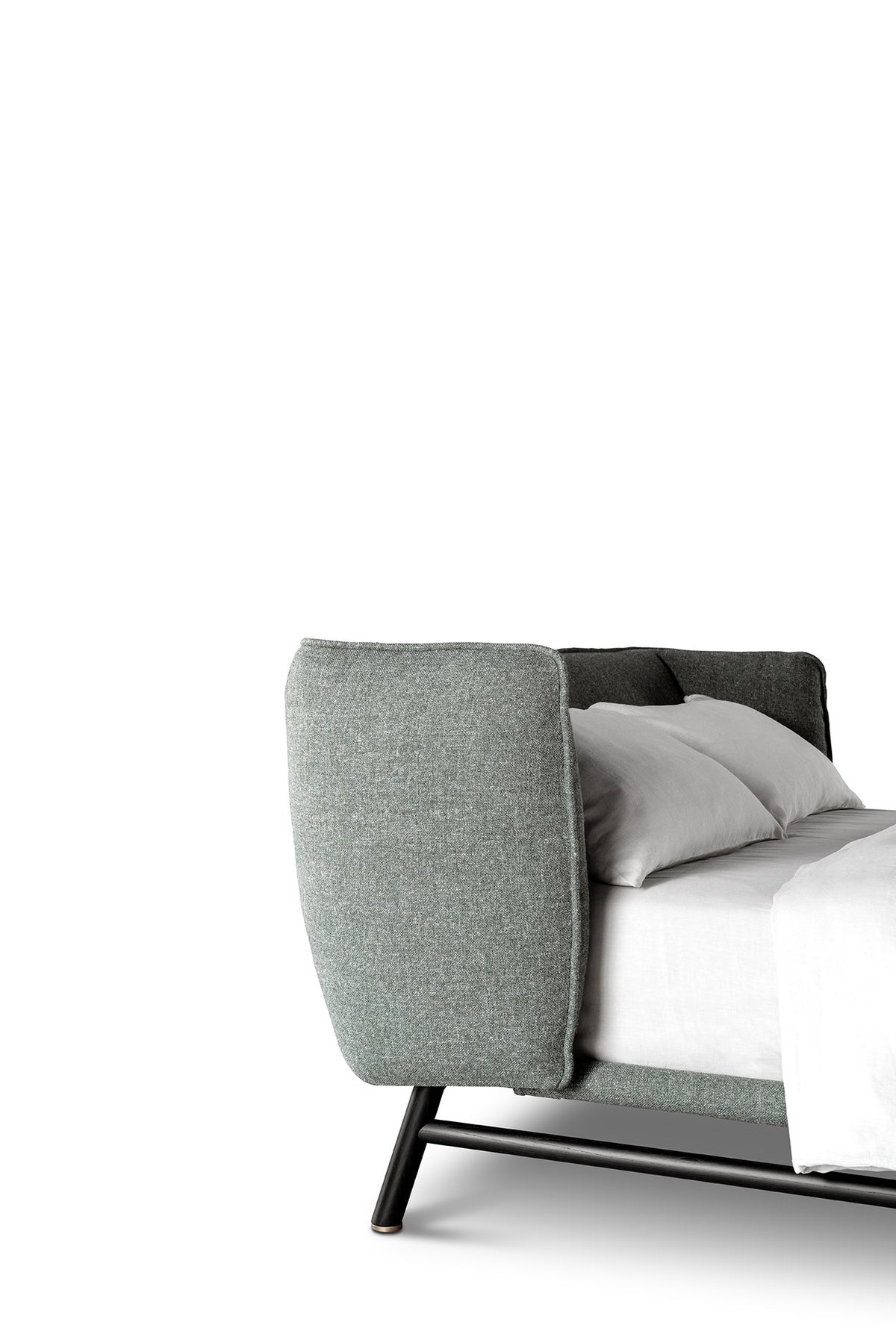 Edoardo Piping style bed, view 2; design reference for a custom teak bed by Gulmohar Wood Works, Bangalore. Fabric shown is not final.
