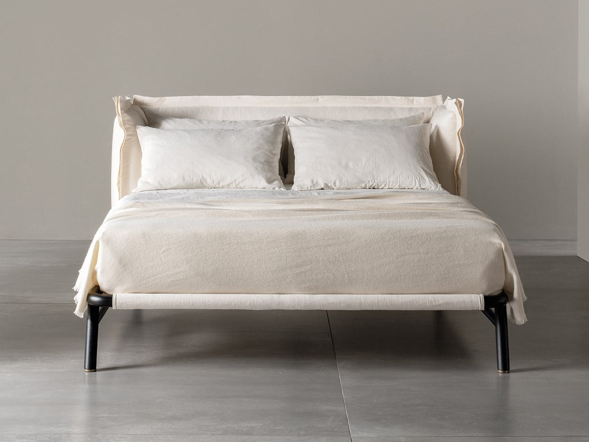 Edoardo Volant style bed, view 1; design reference for a custom teak bed by Gulmohar Wood Works, Bangalore. Fabric shown is not final.