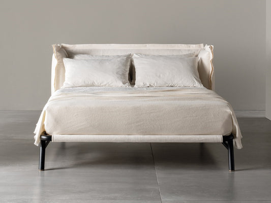 Edoardo Volant style bed, view 1; design reference for a custom teak bed by Gulmohar Wood Works, Bangalore. Fabric shown is not final.