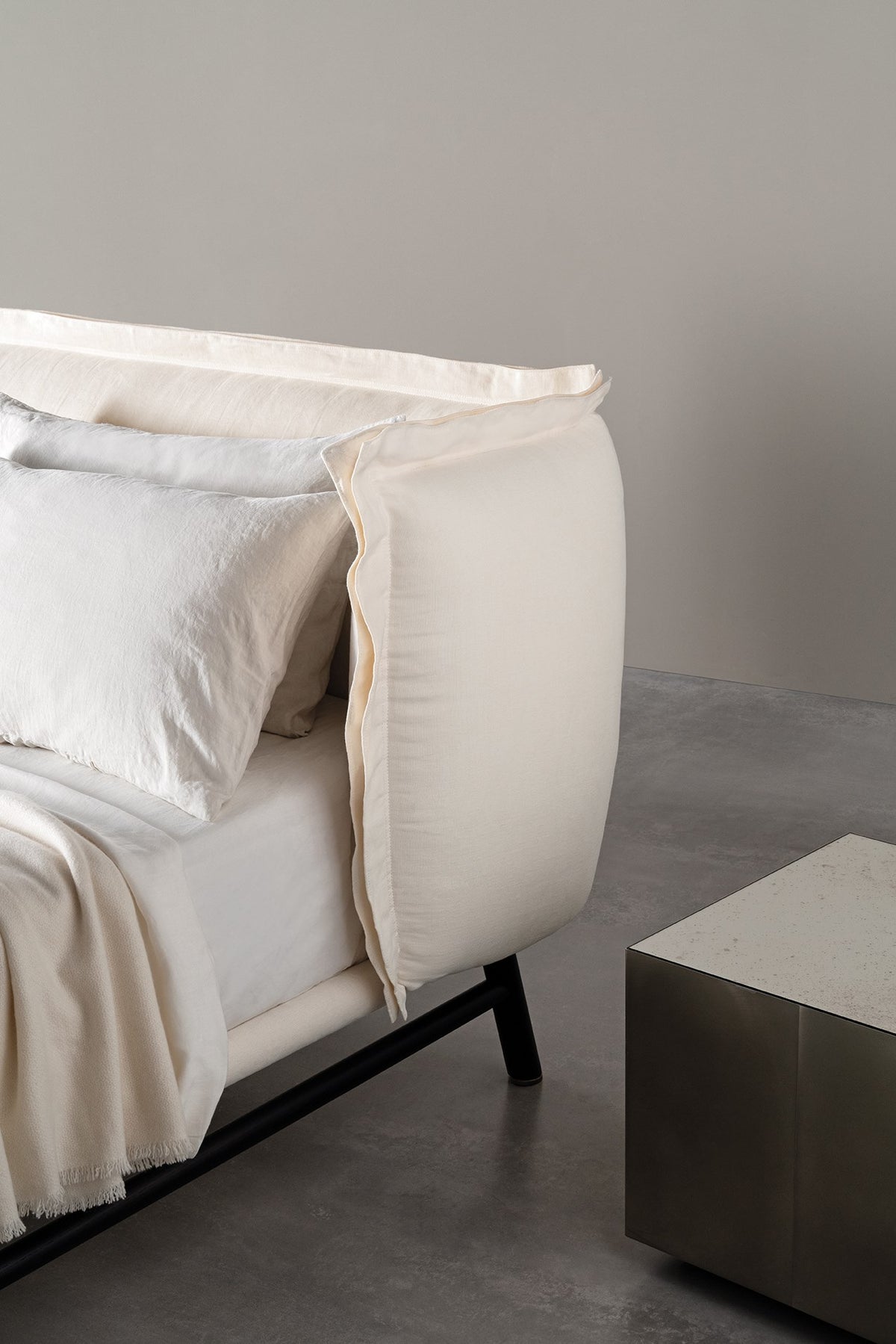 Edoardo Volant style bed, view 2; design reference for a custom teak bed by Gulmohar Wood Works, Bangalore. Fabric shown is not final.