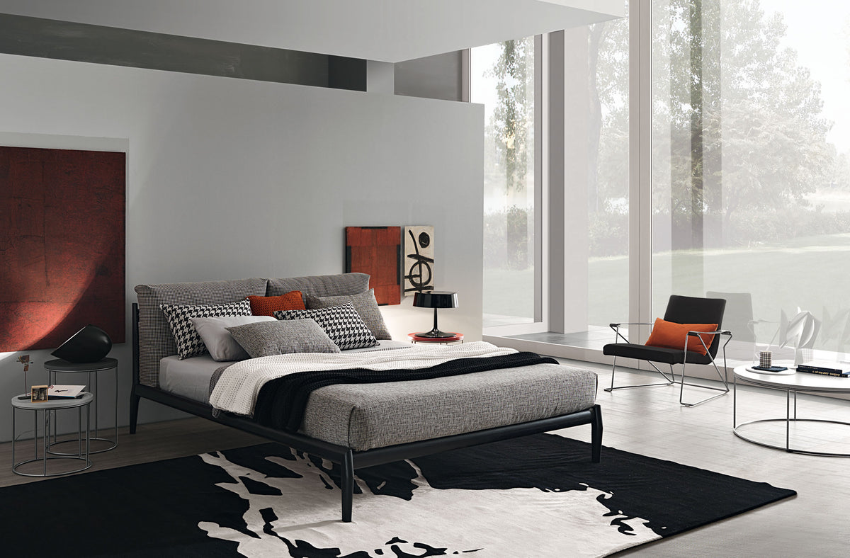 Eladio style bed, view 2; design reference for a custom teak bed by Gulmohar Wood Works, Bangalore. Fabric shown is not final.