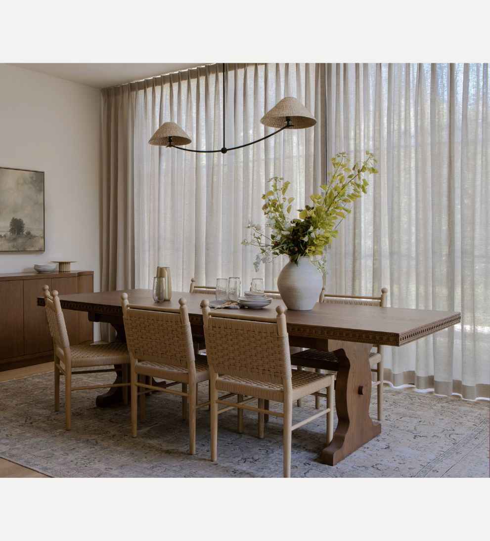 Esme Nutmeg Teak Trestle Extendable Dining Table with 8 Chairs