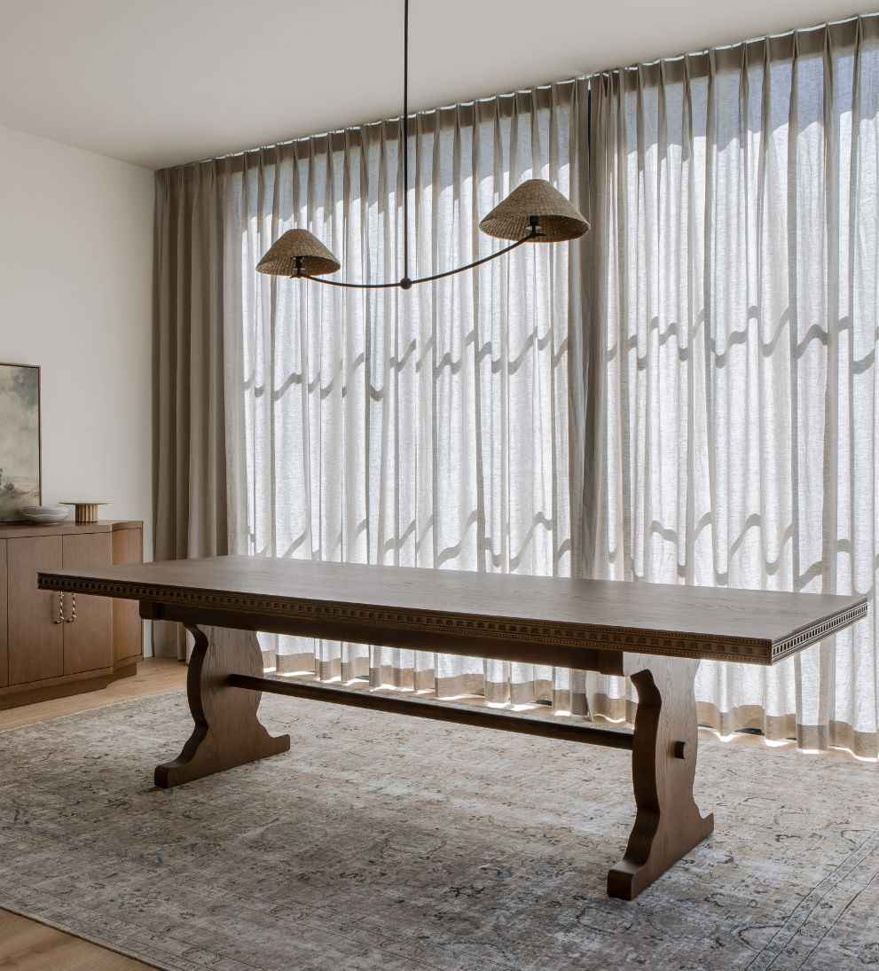 Esme Nutmeg Teak Trestle Extendable Dining Table with 8 Chairs