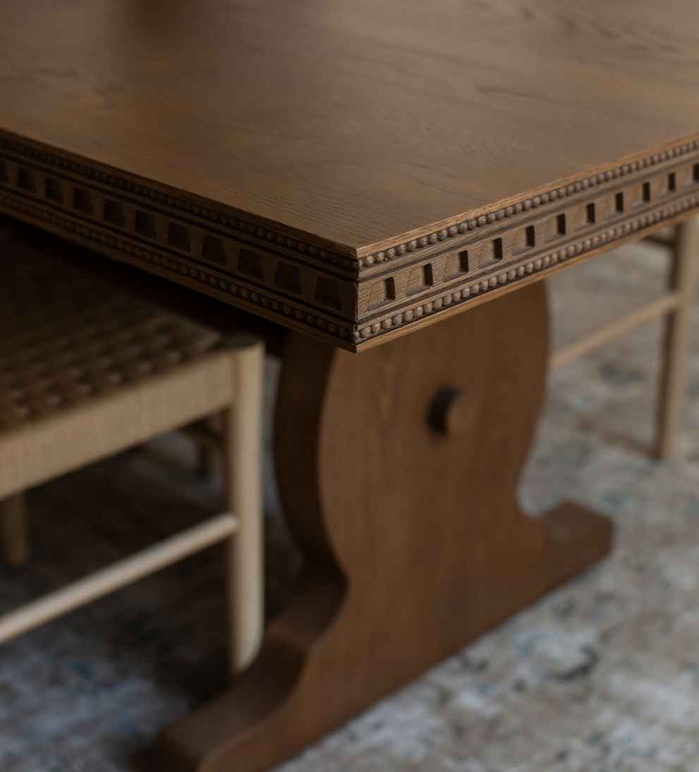 Esme Nutmeg Teak Trestle Extendable Dining Table with 8 Chairs