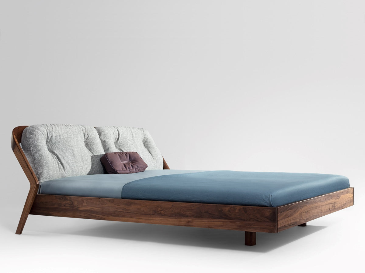 Friday Night style bed, view 1; design reference for a custom teak bed by Gulmohar Wood Works, Bangalore. Fabric shown is not final.