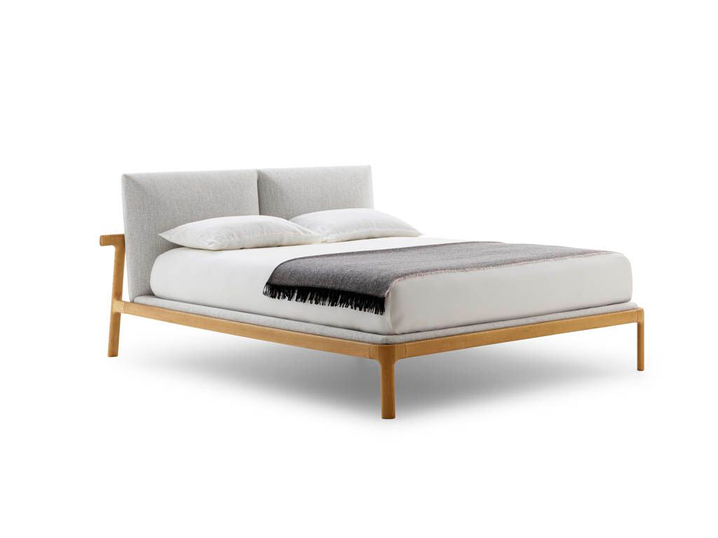 Fushimi style bed, view 1; design reference for a custom teak bed by Gulmohar Wood Works, Bangalore. Fabric shown is not final.