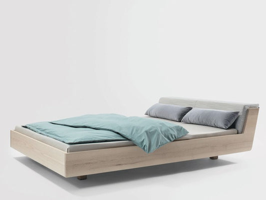 Fusion style bed, view 1; design reference for a custom teak bed by Gulmohar Wood Works, Bangalore. Fabric shown is not final.