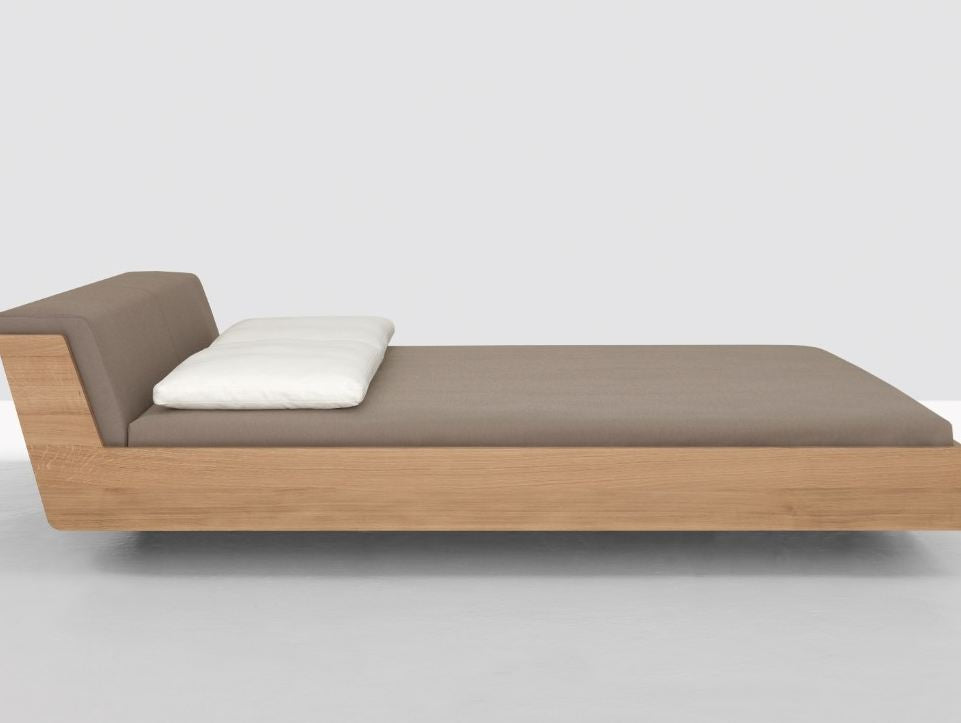 Fusion style bed, view 2; design reference for a custom teak bed by Gulmohar Wood Works, Bangalore. Fabric shown is not final.