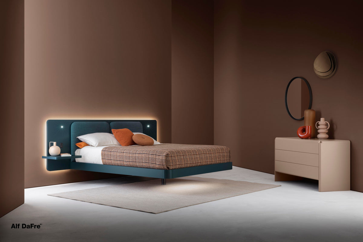 Grand Voile style bed, view 2; design reference for a custom teak bed by Gulmohar Wood Works, Bangalore. Fabric shown is not final.