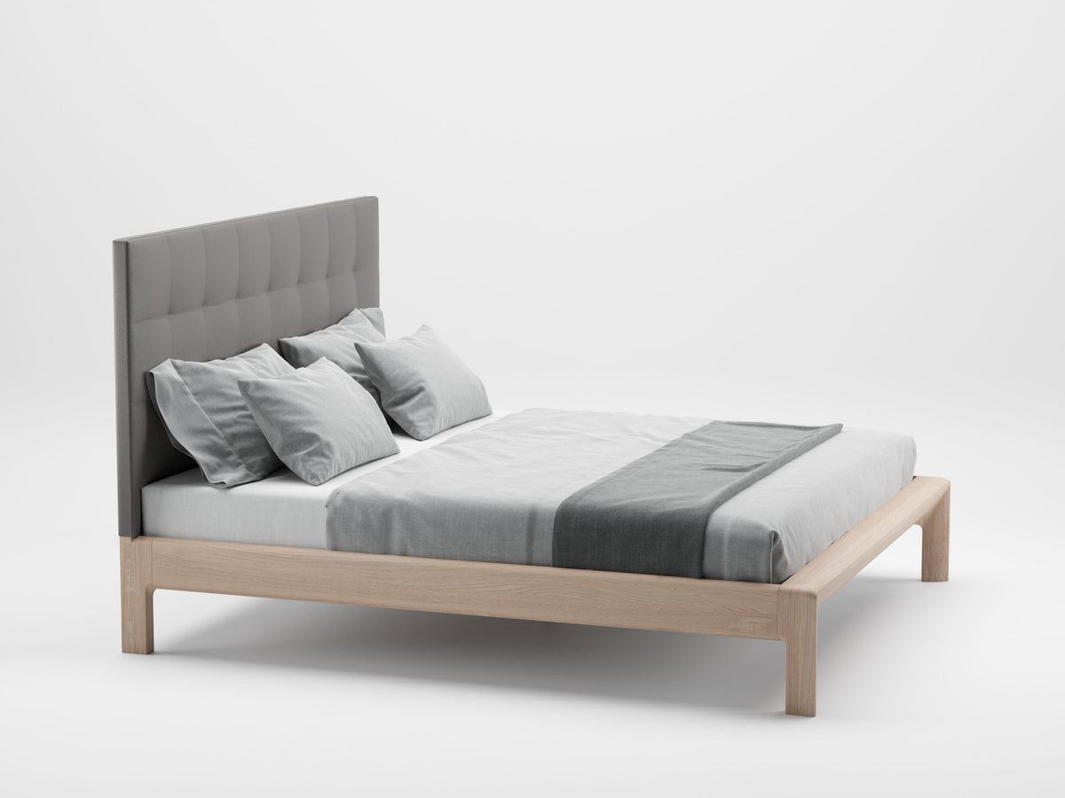 Invito style bed, view 1; design reference for a custom teak bed by Gulmohar Wood Works, Bangalore. Fabric shown is not final.