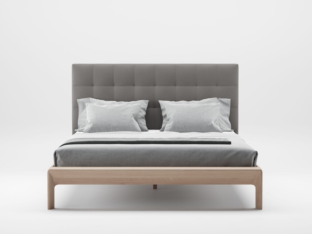 Invito style bed, view 2; design reference for a custom teak bed by Gulmohar Wood Works, Bangalore. Fabric shown is not final.