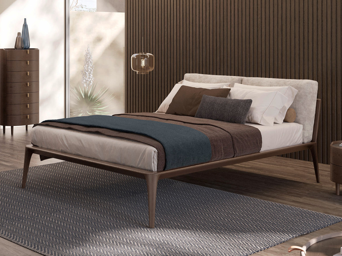 Kale style bed, view 1; design reference for a custom teak bed by Gulmohar Wood Works, Bangalore. Fabric shown is not final.