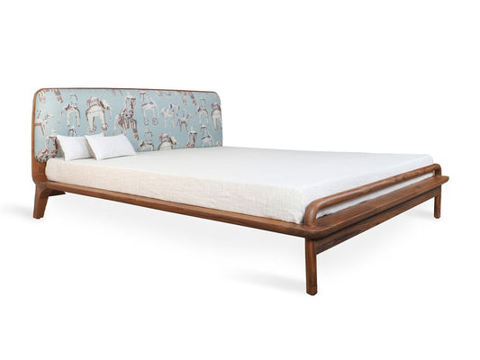 Kolo style bed, view 1; design reference for a custom teak bed by Gulmohar Wood Works, Bangalore. Fabric shown is not final.