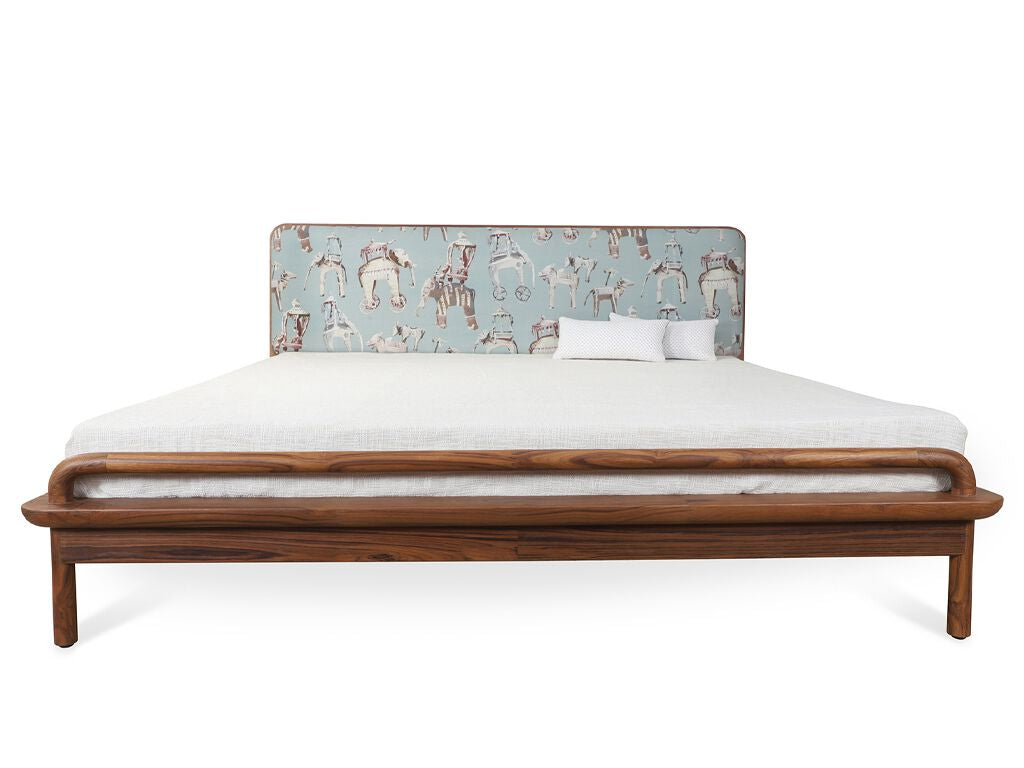Kolo style bed, view 2; design reference for a custom teak bed by Gulmohar Wood Works, Bangalore. Fabric shown is not final.