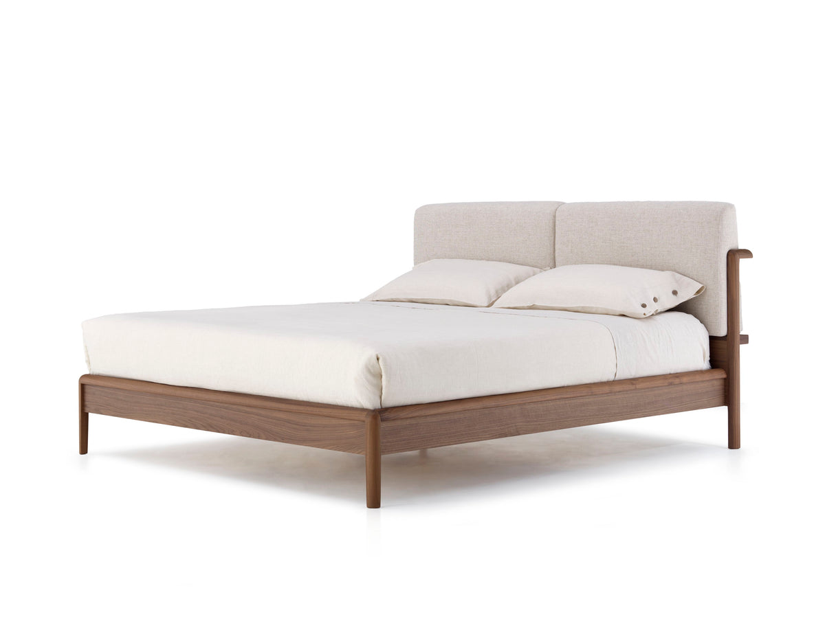 Leonardo L929 style bed, view 1; design reference for a custom teak bed by Gulmohar Wood Works, Bangalore. Fabric shown is not final.