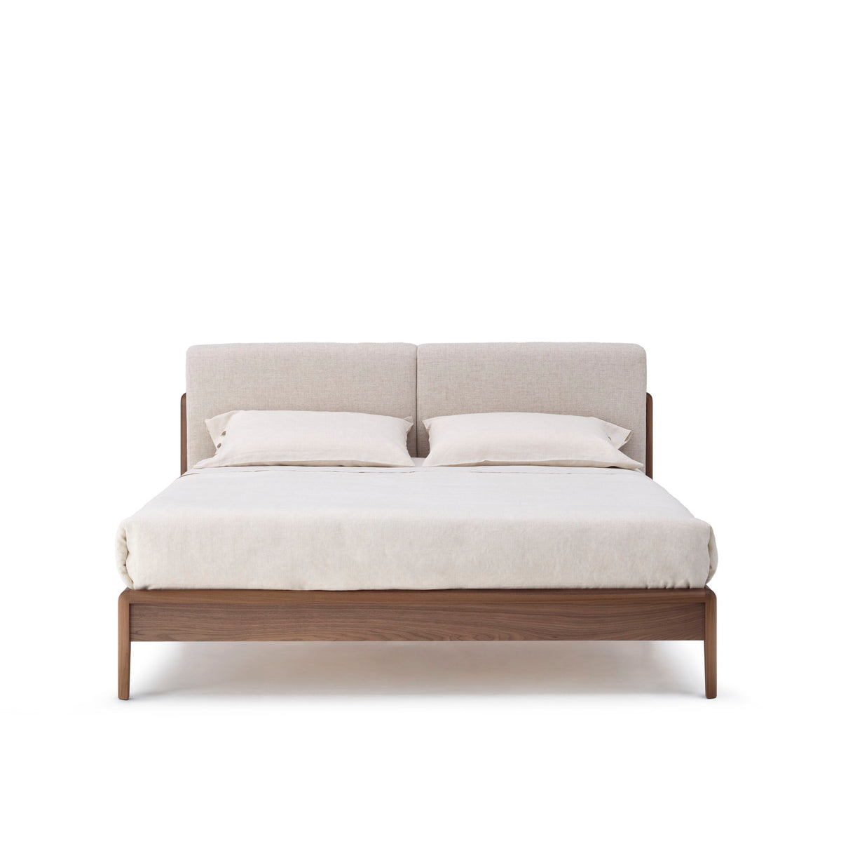 Leonardo L929 style bed, view 2; design reference for a custom teak bed by Gulmohar Wood Works, Bangalore. Fabric shown is not final.