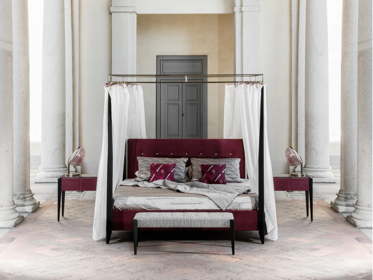 Levante Canopy style bed, view 1; design reference for a custom teak bed by Gulmohar Wood Works, Bangalore. Fabric shown is not final.