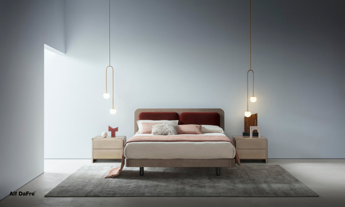 Levante style bed, view 2; design reference for a custom teak bed by Gulmohar Wood Works, Bangalore. Fabric shown is not final.