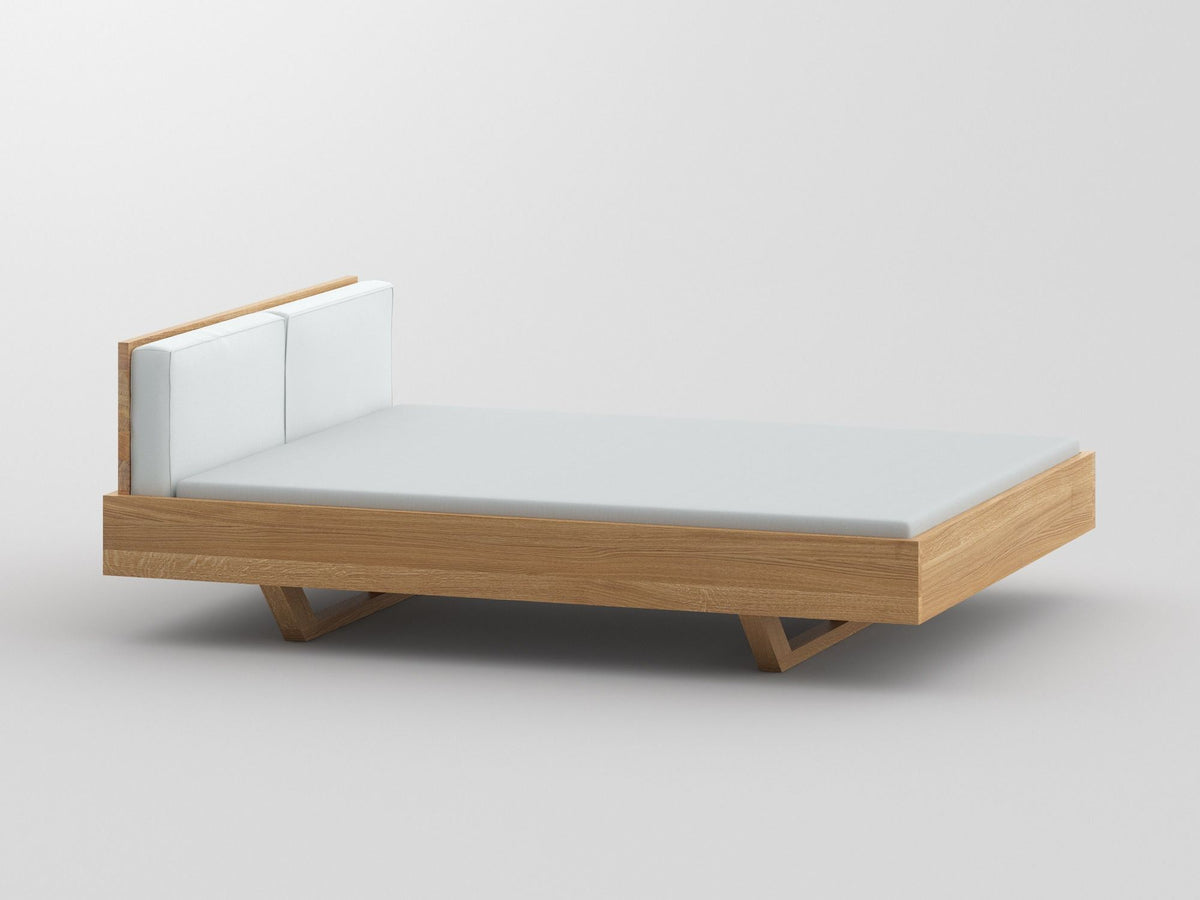 Mea style bed, view 1; design reference for a custom teak bed by Gulmohar Wood Works, Bangalore. Fabric shown is not final.