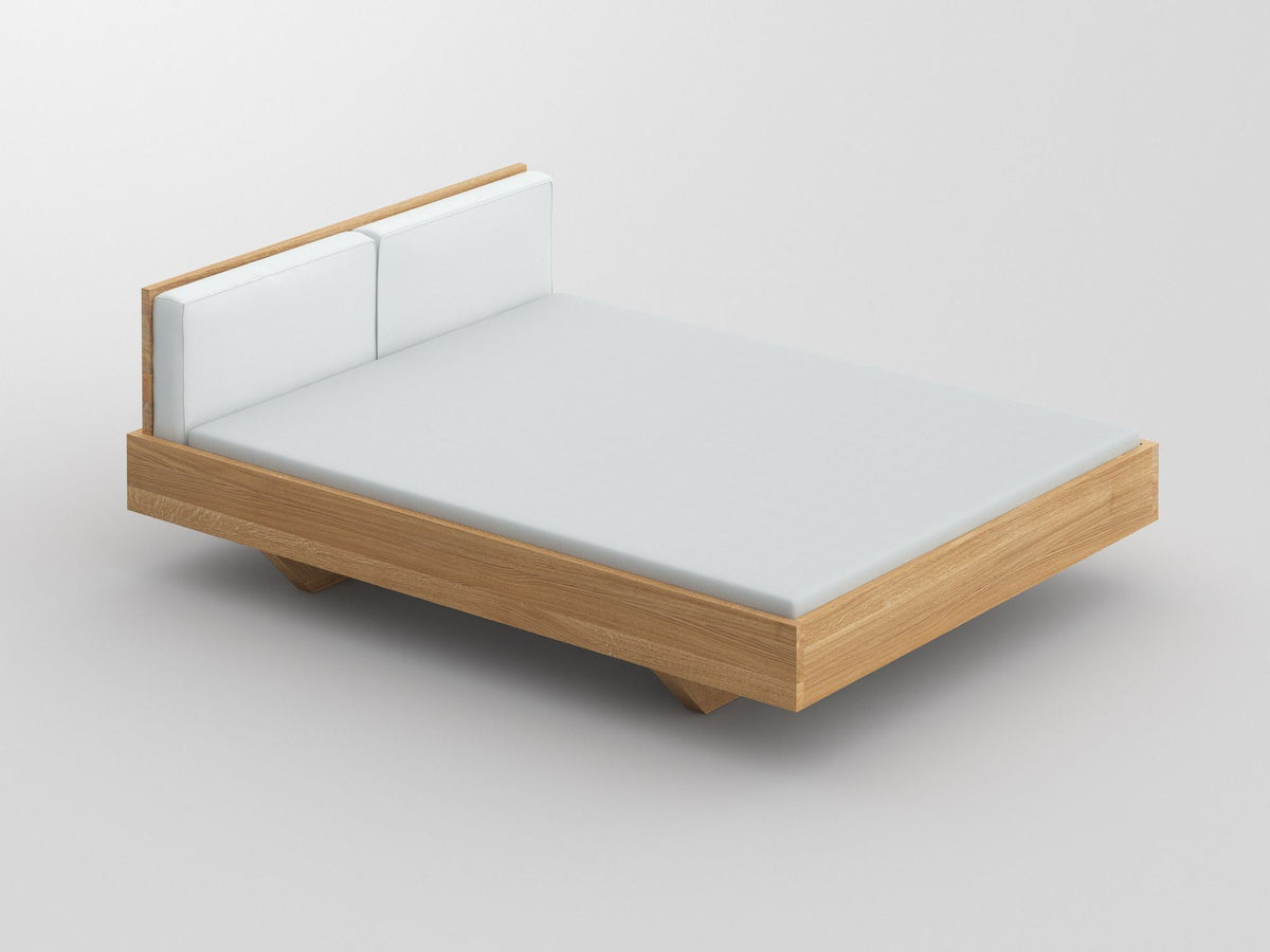 Mea style bed, view 2; design reference for a custom teak bed by Gulmohar Wood Works, Bangalore. Fabric shown is not final.