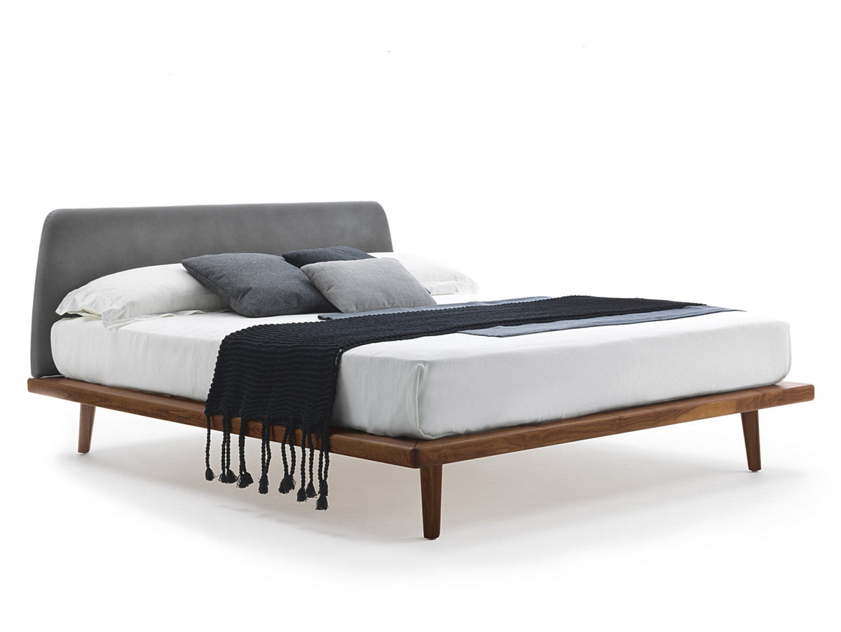 My Bed style bed, view 1; design reference for a custom teak bed by Gulmohar Wood Works, Bangalore. Fabric shown is not final.