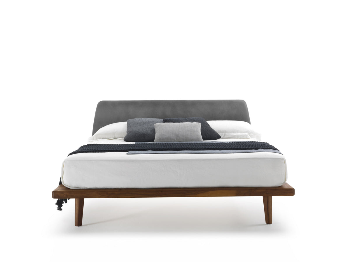 My Bed style bed, view 2; design reference for a custom teak bed by Gulmohar Wood Works, Bangalore. Fabric shown is not final.